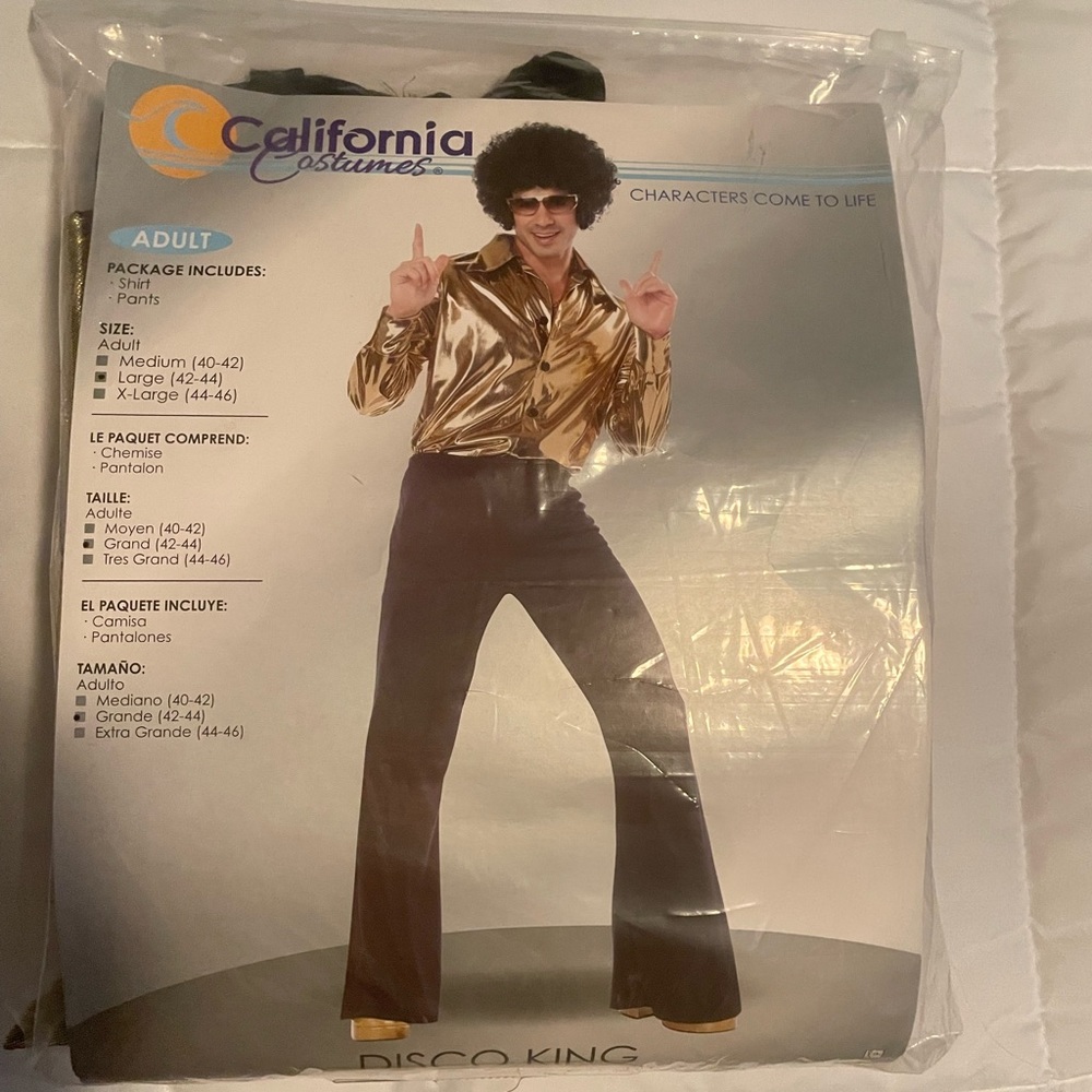 Men’s 70’s Disco gold lamé shirt and black pull on pants